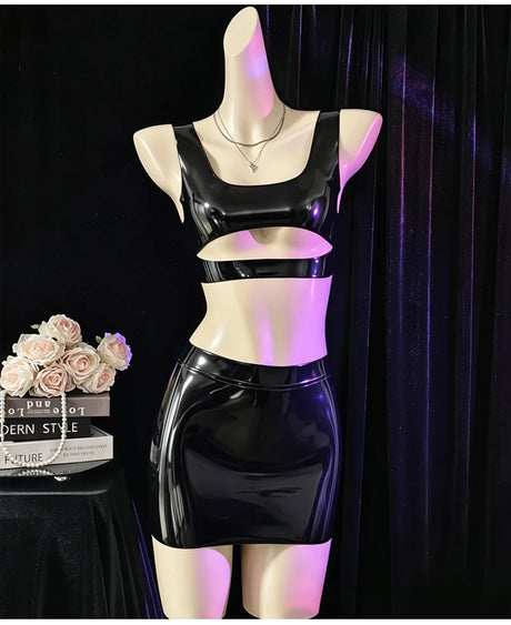 Sexy Women's Latex Clothing PU Elastic Hip Short MINI Skirt Shiny Maid Erotic Latex Top Intimate Lubrication Porn Costume