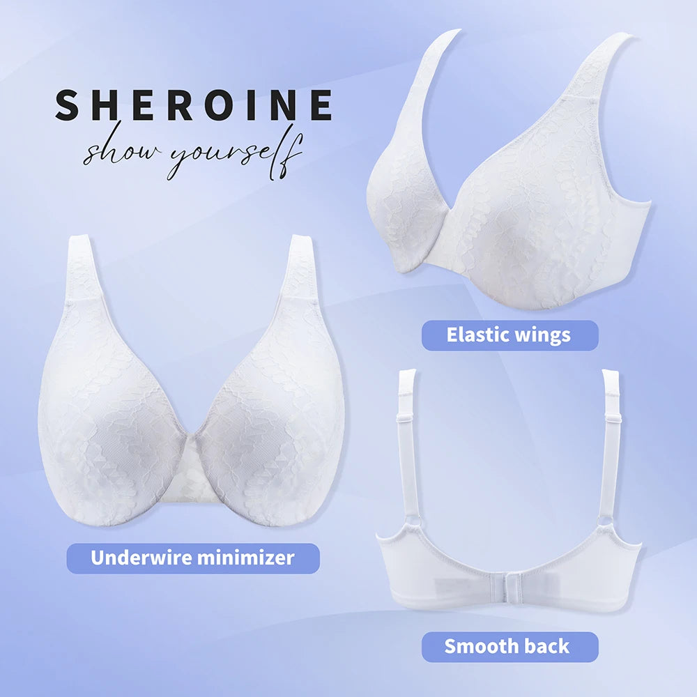 Sheroine Sexy Plus Size Minimizer Bra, Lace Underwire Non-Padded Lingerie for Women Lifting Support Comfort