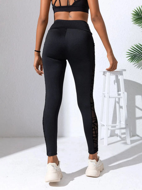 Side Mesh Yoga Women's Leggings Black Fabric Patchwork High Waist Soft Comfortable Gym Fitness Sportswear Long Pants