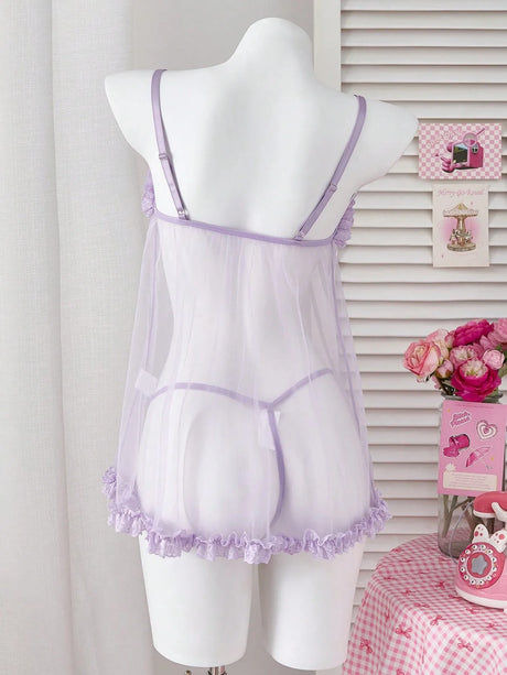 Ellolace Romantic Women's Casual Dresses Tempted Solid Sheer Cute Dress Thong 2PC Set Innocent Bownkow Decor Ruffled Sleepwear