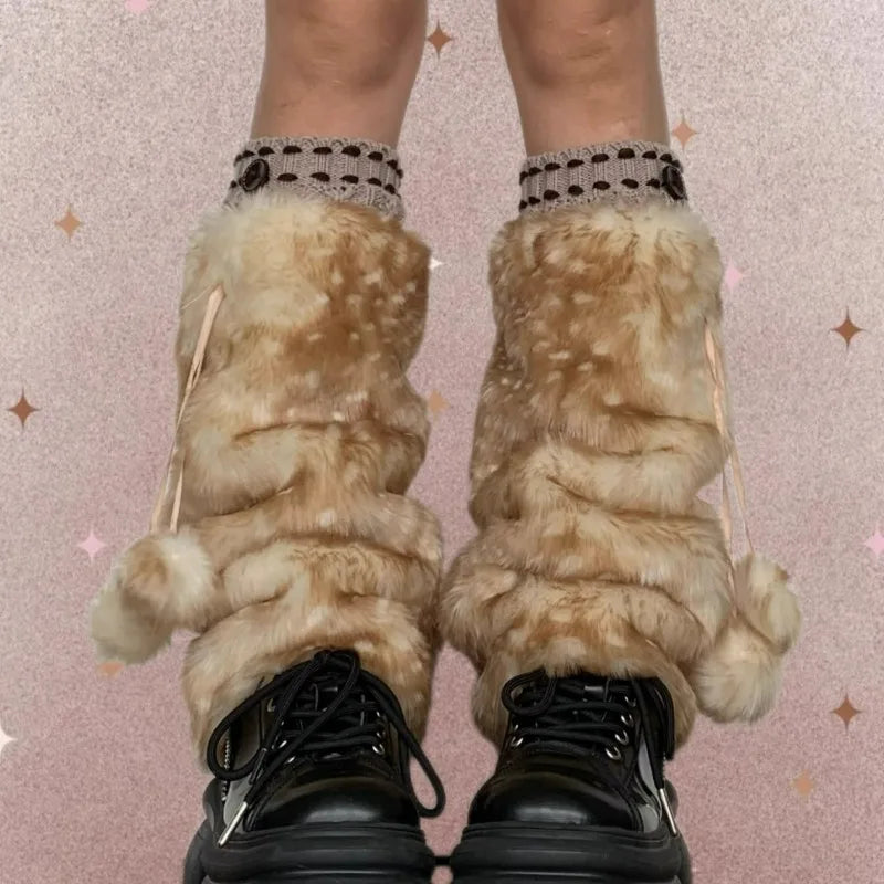 New Winter Faux Fur Plush Deer Leg Warmers Kawaii Furry Boots Socks Cover Punk High Boots Socks Performance Costume Leg Warmers