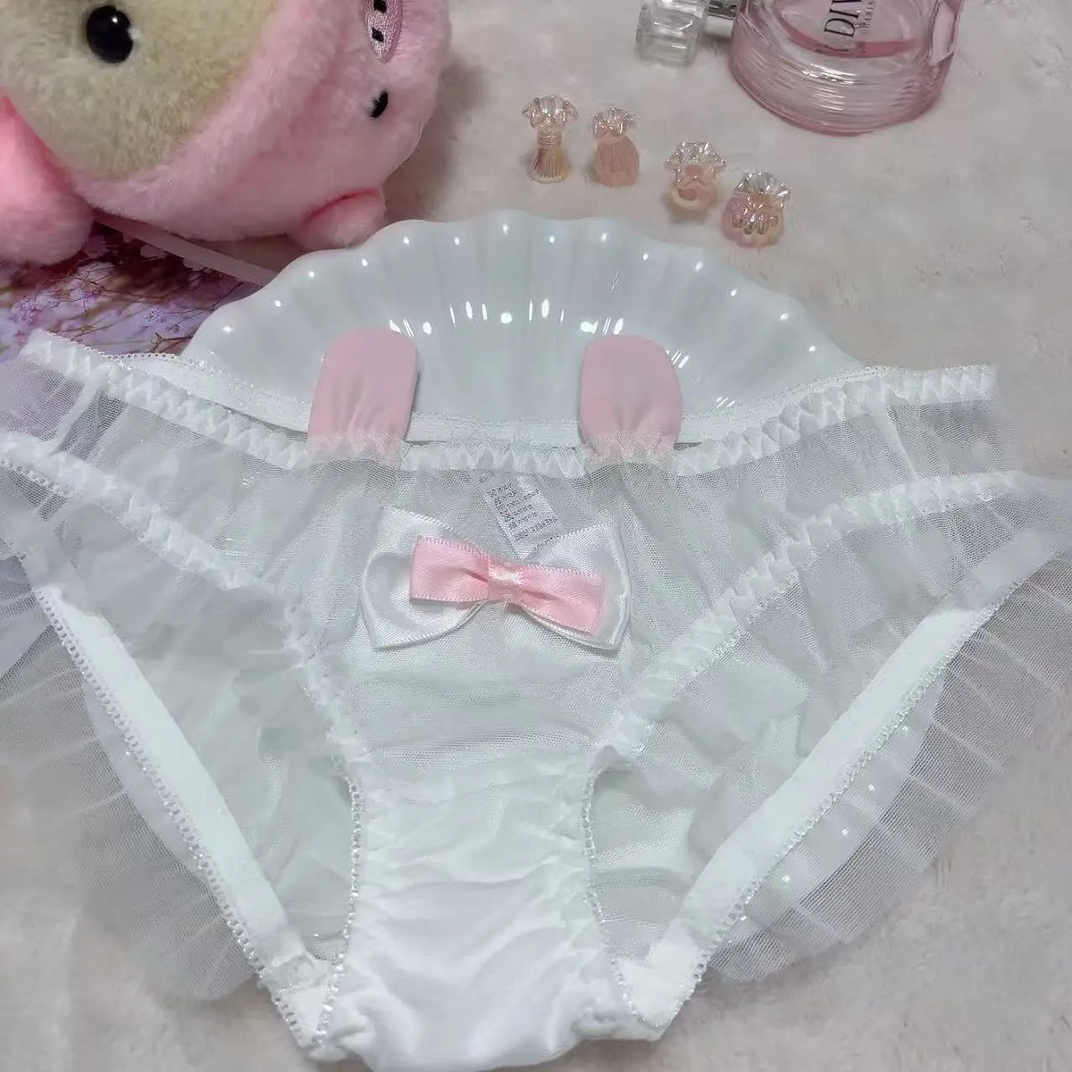 Cute Knot Lace Pink Rabbit Sexy Pure Desire Net Panties Low Waist Breathable Quick Dry Comfortable Un...