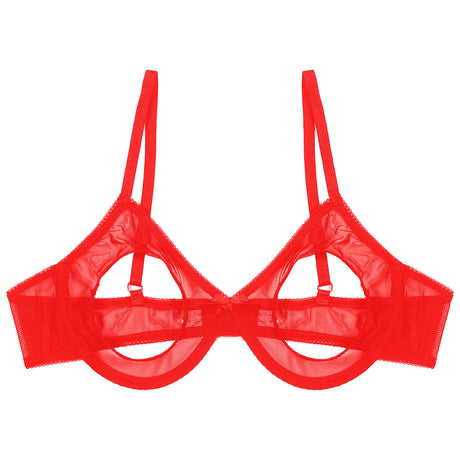 Women's Sheer Mesh Hollow Out Open Nipples Underwired Bra Tops Push Up Unlined Bralette Bra Sexy Brassiere Balconette Underwear
