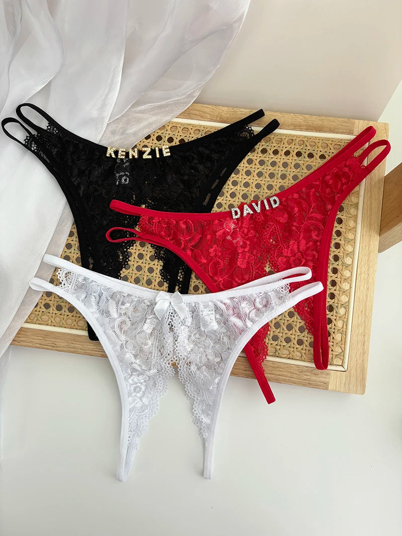 Custom Name Crystal Letter Briefs Sexy Lace Crotchless Knickers Hollow Waist Panties Open Gear Underpants Girlfriend Wife Gift