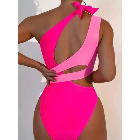 Sexy Swimwear Women Color Block Hollow Out Design One Shoulder Bikini Bodysuit Summer Beach Vacation High Cut One Piece Swimsuit