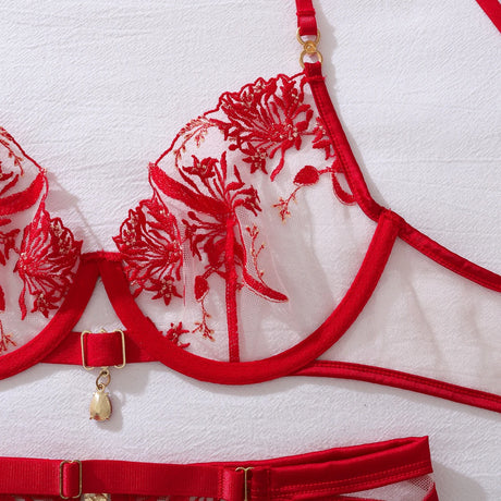 New gemstone accessory perspective floral embroidery shaping sexy lingerie split set with leg socks set