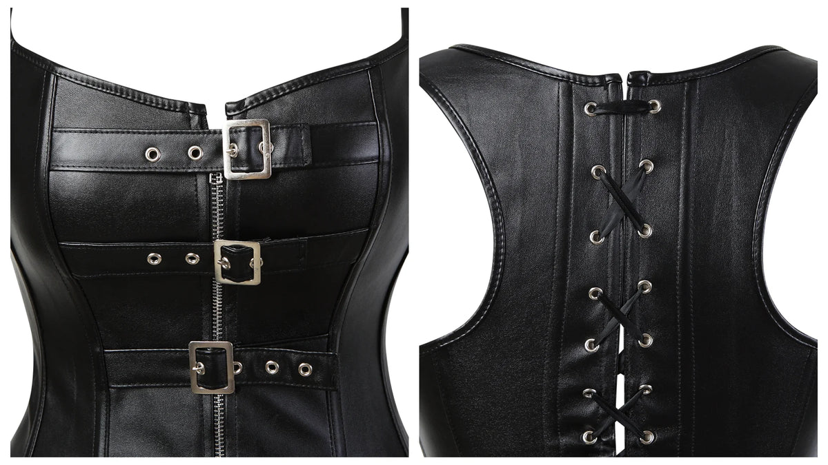 Women Corset Bustier Steampunk Zipper Corset Top Black Leather Corset With Straps