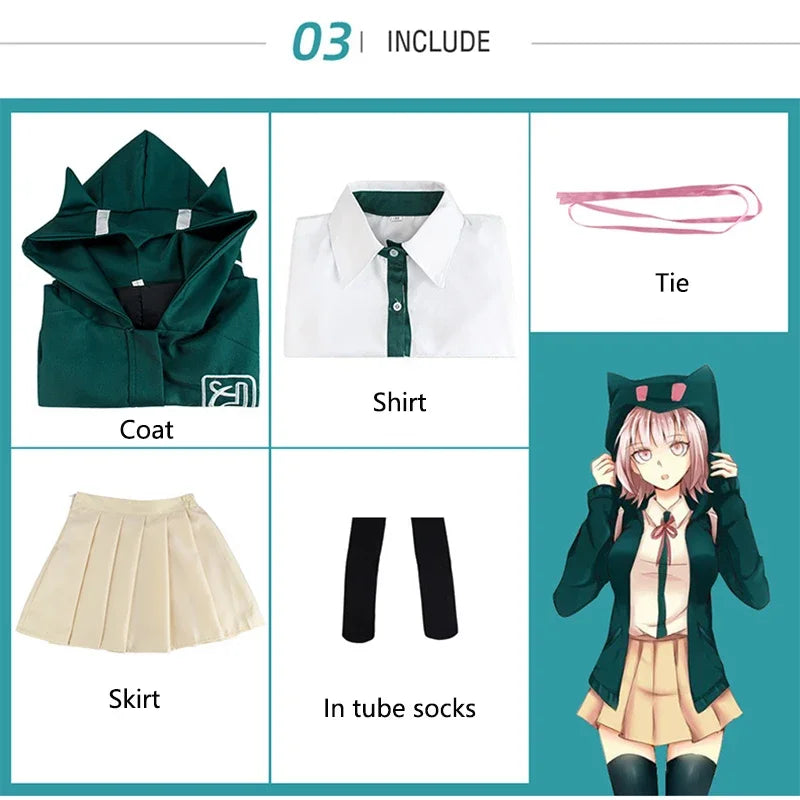 2025 Chiaki Nanami Cosplay Uniforme, Veste, Chemise, Sac, Ensemble Complet pour Femmes, Costume