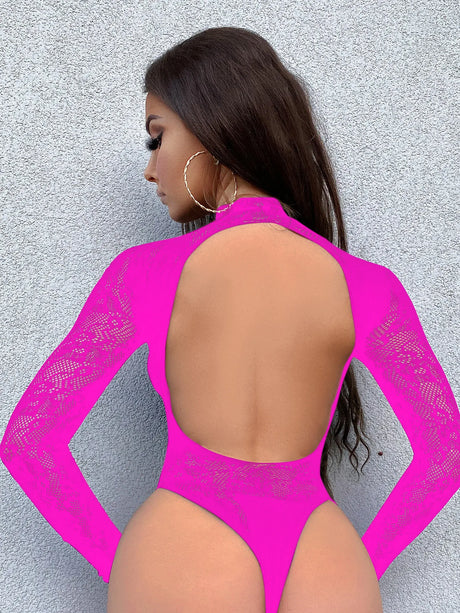 Toucheart Sexy Lingerie Women's Pajamas Mesh Long-sleeved Hollow Mesh Garter Belt Backless Perspective Solid Color Sexy Bodysuit