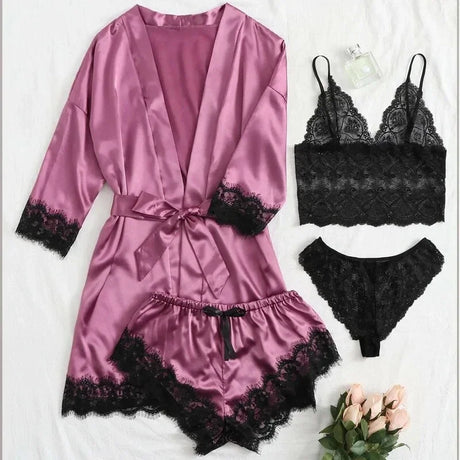 Women's Summer Sexy Pajama Pants Set 4 Pieces Lace Satin With Silk Sleepwear Robe Fashion And Comfortable Nightwear
