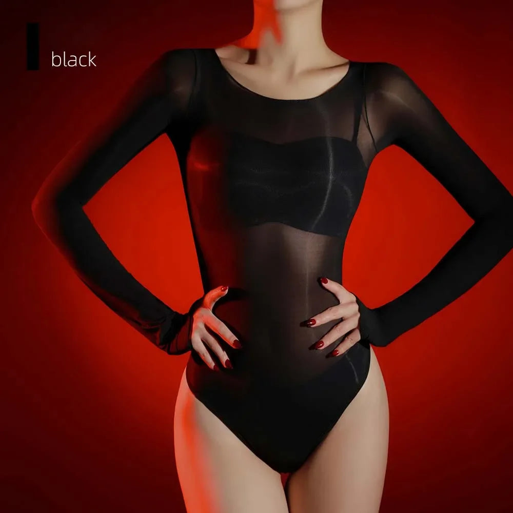 Sexy Women 5D Thin High Cut Bodysuit Oil Shiny Sheer See Through Elastic Tights Yoga Shaping Maid Jumpsuits Unisex Club Leotard