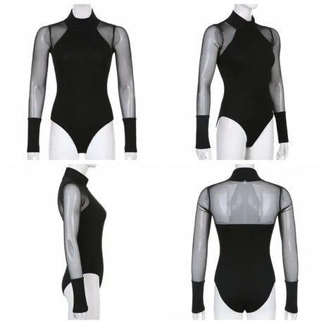 Fashion High Collar Long Sleeve Jumpsuit Translucent Simple Romper Shorts Female Clothes Slim Fit Lace Bottoming Shirt Female