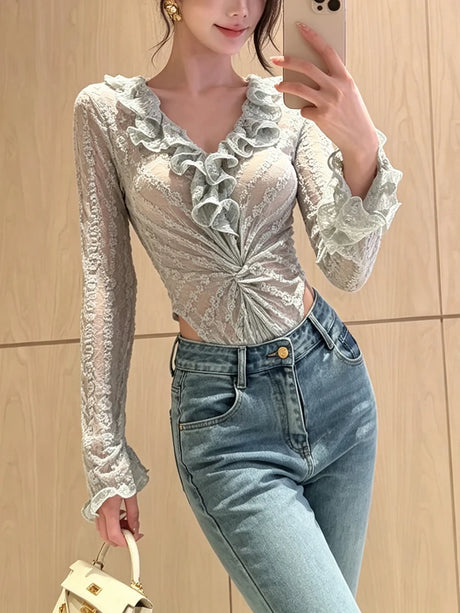 Sisterlinda Fashion Patchwork Bodysuits Women Autumn Trend Ruched Deep V-Neck Full Sleeve Midnight Party Club Hottie Simple Top
