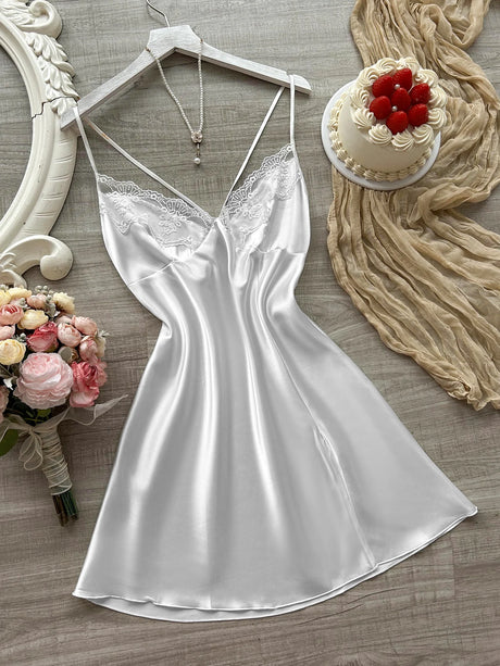 Women's Lace Patchwork Nightgown Sexy Sleepwear Fashionable Halter Dress V Neck Pajamas Solid Color Elegant Lady's Clothes