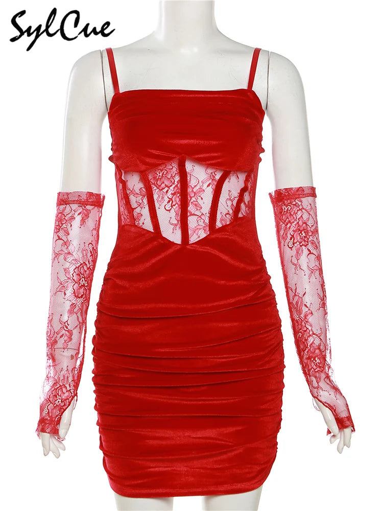 Sylcue Winter Bachelor Party Solid Color Velvet Tight Sexy Hot Mature Charm Women'S Fishbone Sling Dress With Lace Sleeve