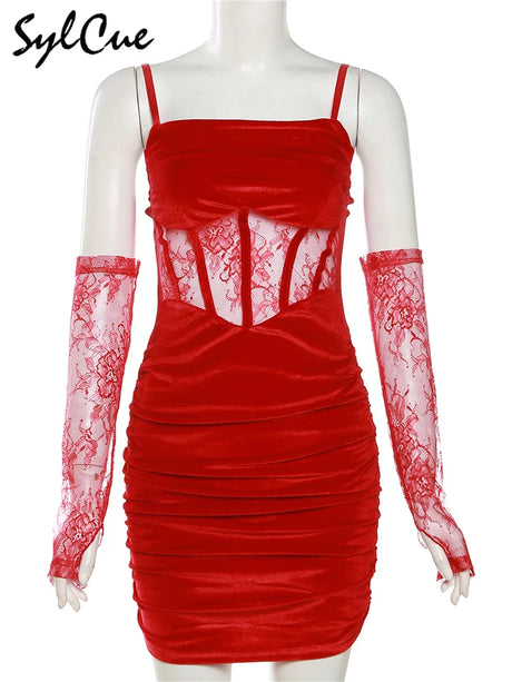 Sylcue Winter Bachelor Party Solid Color Velvet Tight Sexy Hot Mature Charm Women'S Fishbone Sling Dress With Lace Sleeve