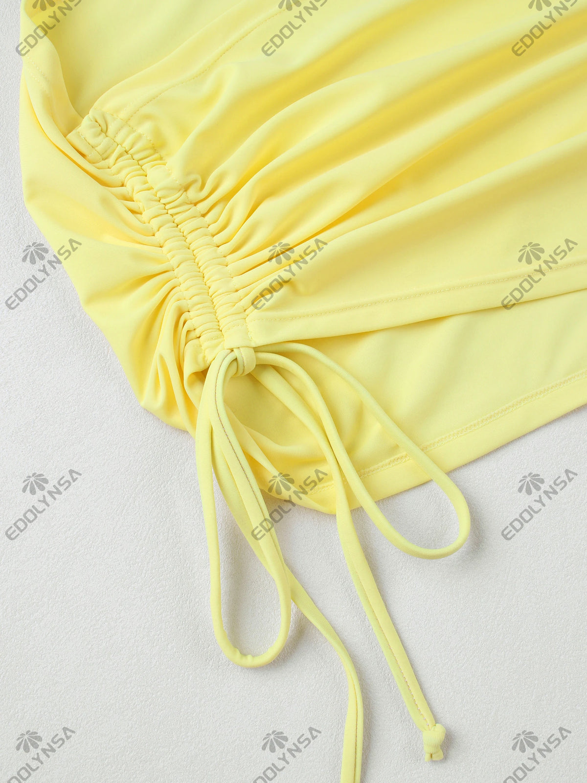 Butter Yellow 3 Piece Bikini Drawstring Ruffle Swimsuit U Neck Bathing Suit with Mini Skirt Cover Up Beach Vacation Outfit K246
