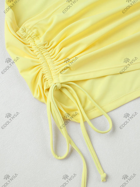 Butter Yellow 3 Piece Bikini Drawstring Ruffle Swimsuit U Neck Bathing Suit with Mini Skirt Cover Up Beach Vacation Outfit K246