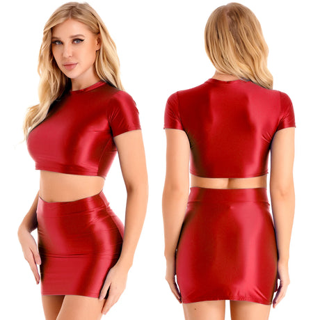 Womens Glossy Two-piece Outfit Oil Shiny Smooth High Waist Mini Skirt with Tank Top Nightclub Rave Outfit Pole Dancing Clubwear
