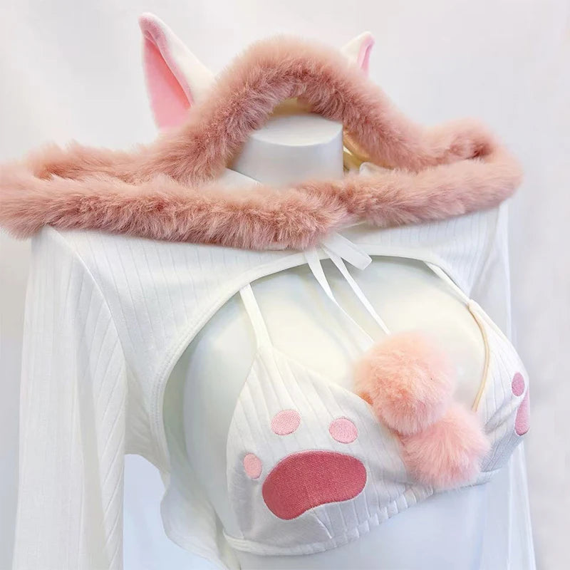 SENMHS Original Japanese Sweet Lolita Cat Girl Cosplay Set Women Kawaii Cat Paw Bikini with Hooded Bodysuit Photo Shoot Hallowee