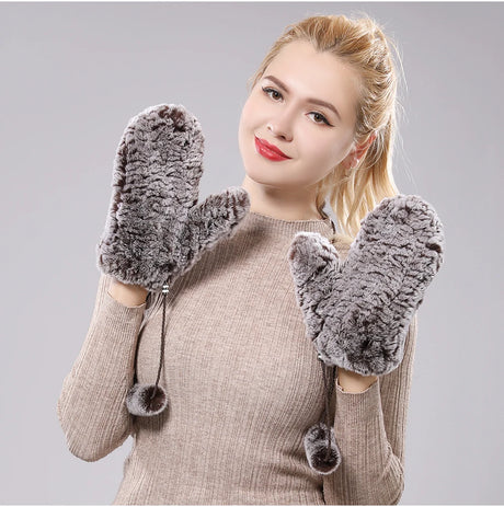 Hot Sale Women's 100% Natural Rabbit Fur Winter Gloves Warm Knit Thick Thermal Mittens Soft Real Fur Outdoor Cold Weather Glove