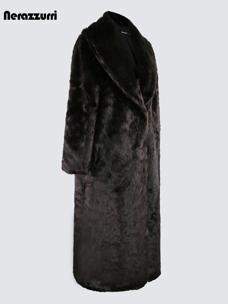 Nerazzurri Autumn Winter Extra Long Thick Warm Brown Fluffy Faux Mink Fur Coat Women Luxury Elegant Chic Furry Overcoat 2024
