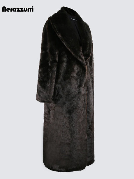 Nerazzurri Autumn Winter Extra Long Thick Warm Brown Fluffy Faux Mink Fur Coat Women Luxury Elegant Chic Furry Overcoat 2024