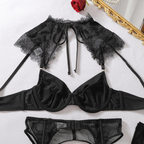 Exclusive Women's Lingerie Intimate Set Romantic Lace Capelet Bra Garter Thong 3PC Stockings Oriental Vintage Chic Girls' Outfit