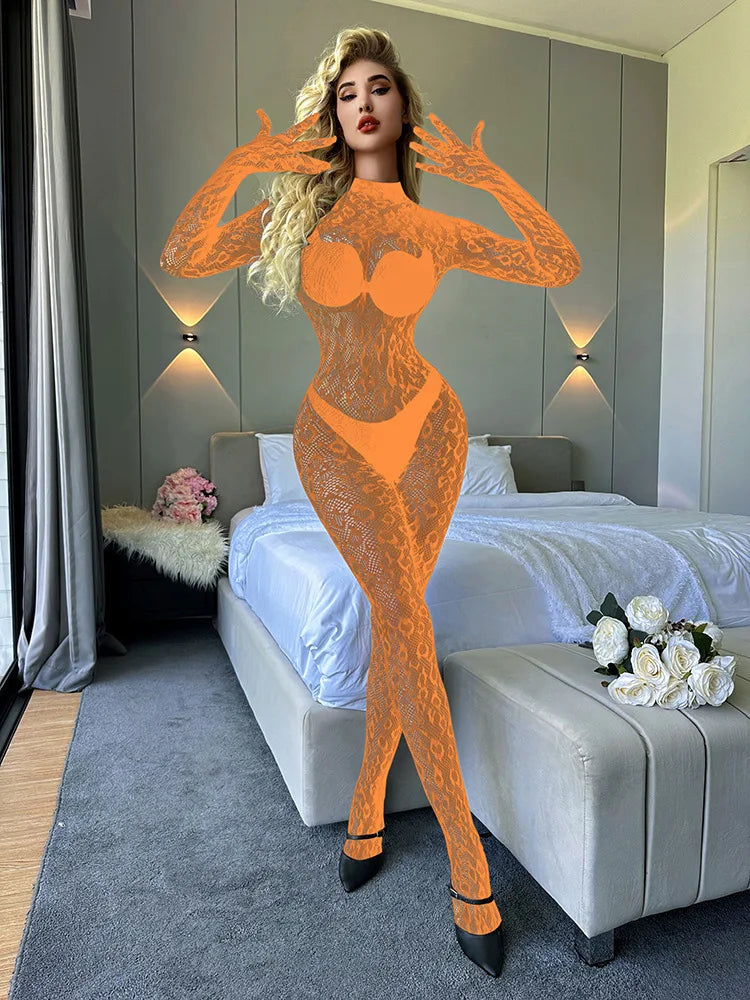 Toucheart Erotic Mesh Bodysuit Leopard Print Hollow Out Sexy Uniform Women Body Shaping See-through Seductive Hot Flirt Bodysuit