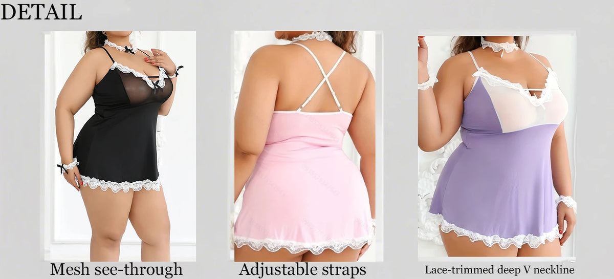 Plus Size Women's Deep V-Neck Nightgown Sexy Lace Bow Doll-style Pajamas Lingerie Adult Dress XL 5XL Sexy Female Nightwear
