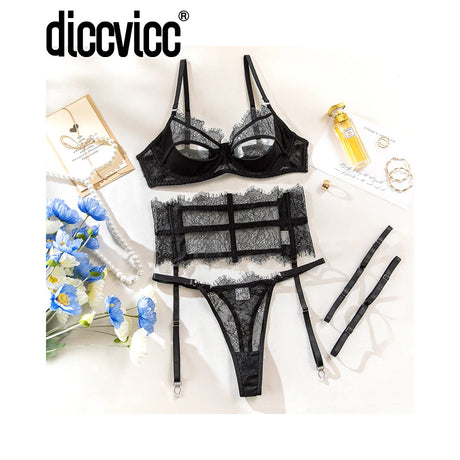 Diccvicc Eyelash Floral Lace Lingerie Cut Out Bra Wide Garter Underwear Set See Through Seductive Intimate Apparel Exotic Outfit