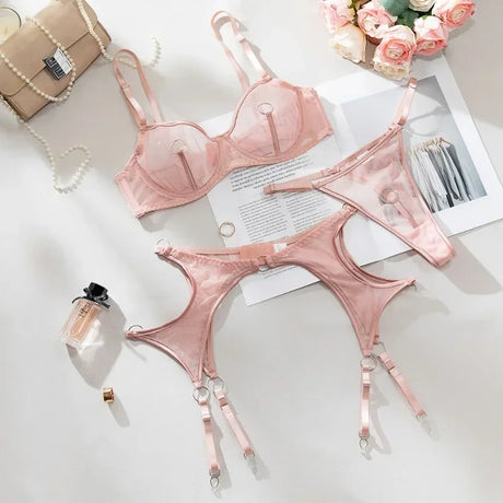 Lingerie Set Sexy See Through Mesh Push Up Bra Contrast Color Metal Ring Decor High Elasticity Two Piece Sexy Lingerie for Women