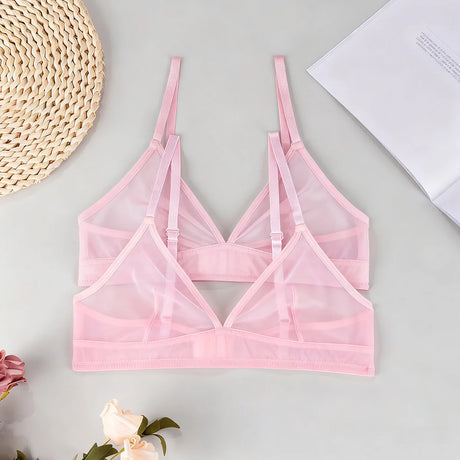 Sexy Transparent Ladies' Brassiere Three-piece Women's Bra Small Bust Mesh Lingerie Ultra-thin Triangle Double Shoulder Straps
