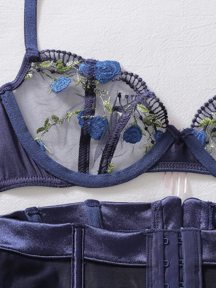 Belamimi Luxury Heavy Craft Embroidery Boned Corset 3-Piece Lingerie Set Ladies Slimming Sexy Body Shaping Underwear