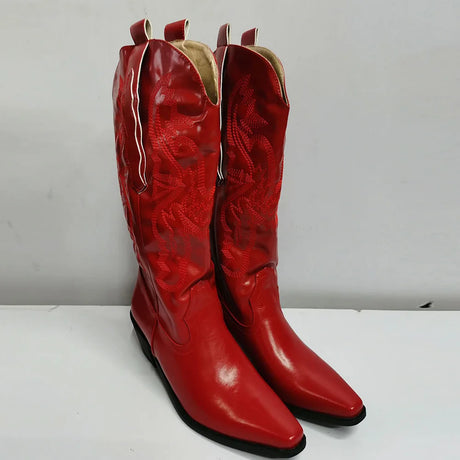 White Cowgirl Western Boots Embroidery Cowboy Boots for Women 2026 Brand Fashion Chunky Heeled Women Mid-Calf Boots Shoes Comfy