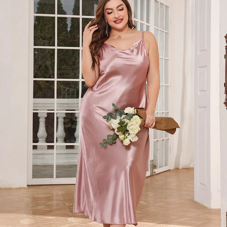 2025 New Women's Fashionable Sexy Plus Size 2XL Long Silk-Like Sling Nightgown Breathable Casual Sleepwear Loungewear