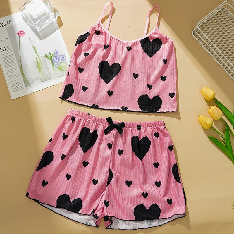 Heart Print Pajama Set Sleeveless Crop Top and Shorts Comfy Sleepwear Loungewear Nightwear Casual Soft T-Shirts Shorts