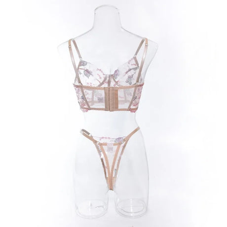 Floral Lingerie Set PushUp Bra Thong Sheer Mesh Underwear Breathable Lace Bralette Kits for Women
