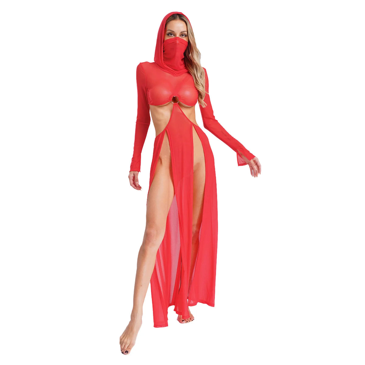 Women Wet Look Mesh Maxi Dress with Hooded Cosplay Sexy High Slit Lingerie Face Mask Long Sleeves Hollow Out Sheer Nightdress