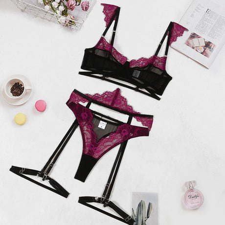 Eyelash Lace 3Pcs Lingerie Set Women Underwire Push Up Sheer Mesh Bra Hollow Strap Garter Belt Thigh Rings Valentine Honeymoon