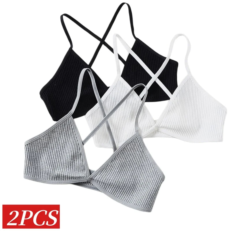2Pcs/Set Ribbed Cross Back Triangle Bralette Set Women Spaghetti Strap Breathable Daily Bra Wireless Casual Daily Lingerie S-L