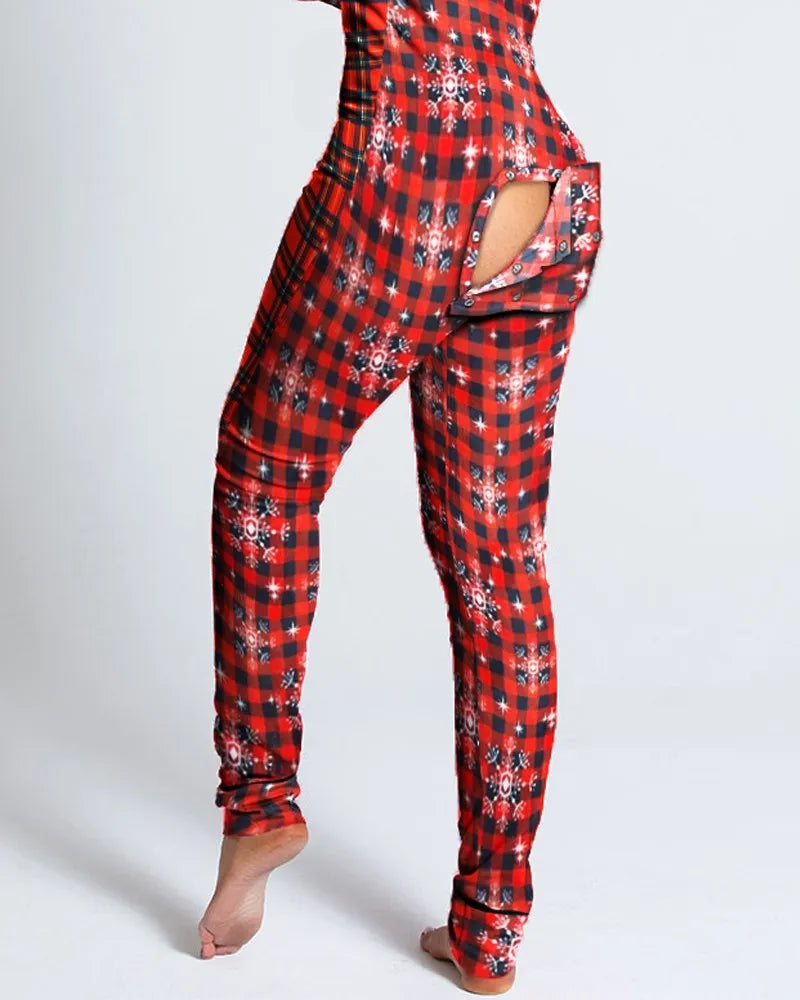 Sexy Pyjama Women's Long Sleeves Homewear Suit Button-Down Front Back Butt Bum Open Ass Flap Jumpsuit Loungewear Christmas Print