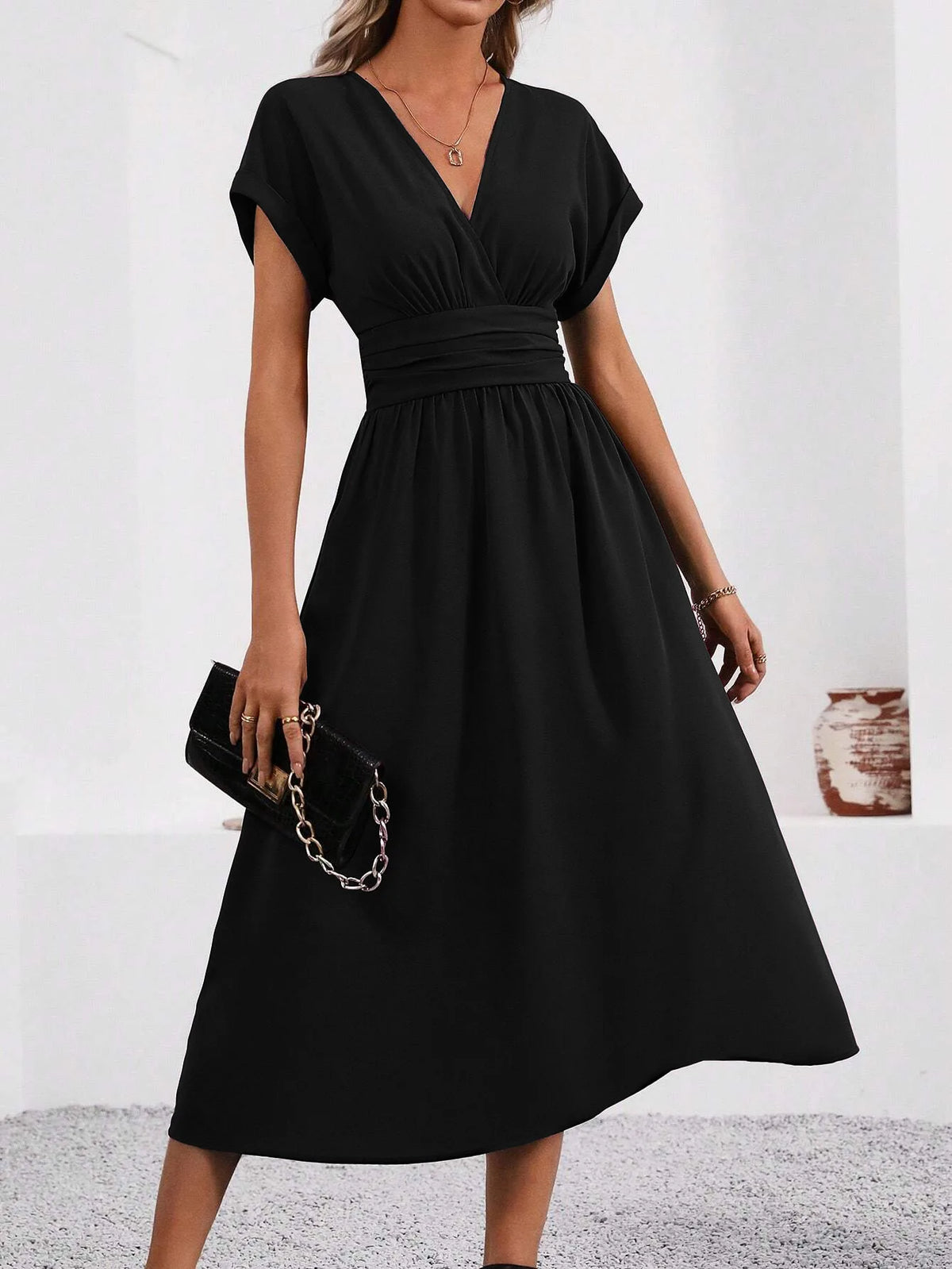 Dresses 2025 Woman Summer Solid-Color V-Neck Batwing-Sleeve Pleated Long Elegant Dress Woman Clothing Tops Skirts Y2k Clothes