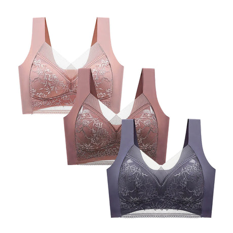 FallSweet 3PCS Lace Push Up Bras for Women Sexy Wireless Bra Ice Silk Deep V Bralette Tops Female Lingerie Mom's Underwear L-5XL