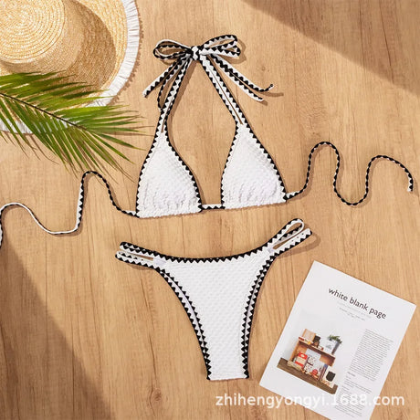 Swimwear White 2 Piece Strapless Swimsuit for Women Sexy Bandeau Backless Bikini Set Lace-up Patchwork Bathing Suit 2025 New