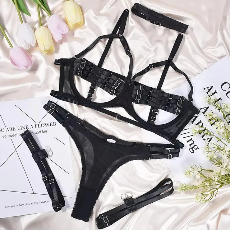 Tornova Erotic Lingerie with Steel Ring Women Hot Delicate Straps Gather Together Private Seductive Nightclub Corset Garter Set