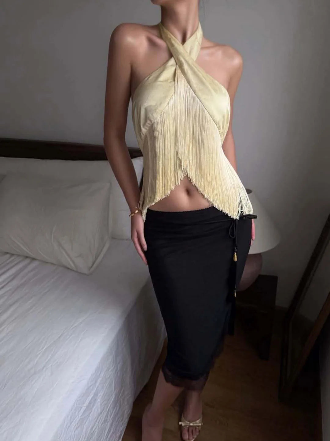 Women Satin Halter Top Asymmetrical Tassel Fringe Crop Top Backless Crisscross Neck Slim Fit Party Club Sleeveless Camisole