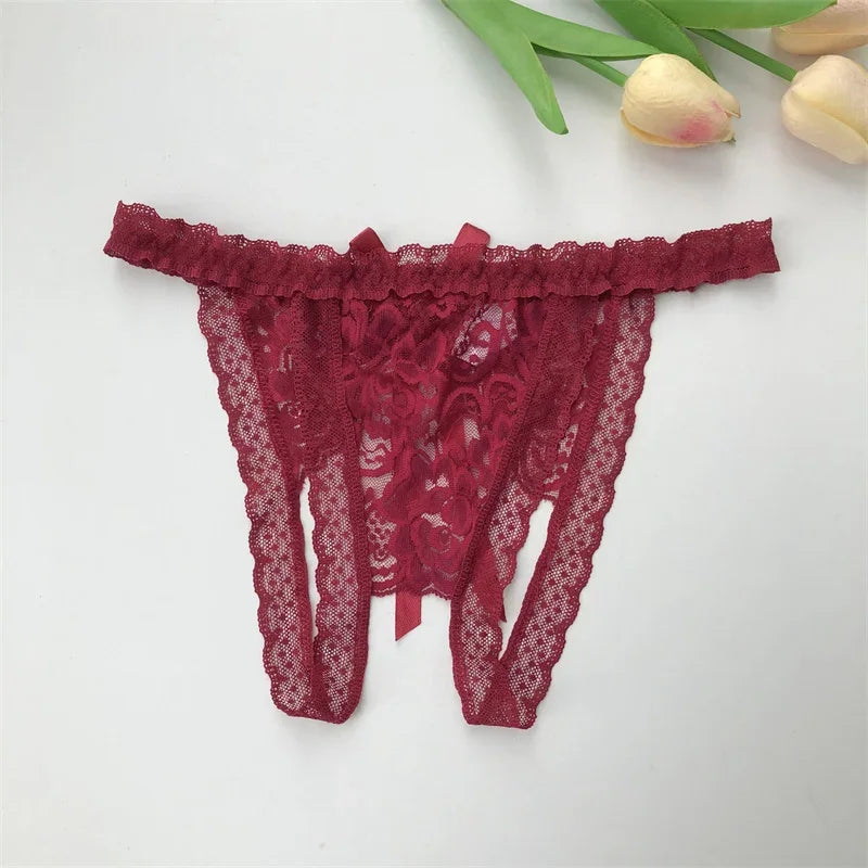 Customized Crystal Name Letters Women's Sexy Breathable Lace Underwear Low Waisted Opening Thong Bikini Erotic G-String Panties