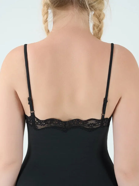 Square Neck Spaghetti Strap Bodysuits Lace Trim Women Sleeveless Slimming Bodycon Jumpsuit Romper