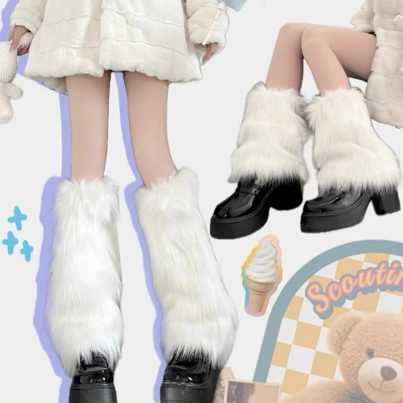 1/2Pairs Artificial Fur Plush Leg Warmers Women Autumn Winter Thermal Long Socks Girls Fashion Japanese Knee-length Stockings